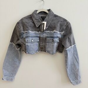 Pretty Little Things Washed Gray Double-Layered Cropped Denim Jacket, size 6